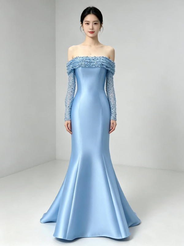 Light Blue Off Shoulder Beaded Sleeve Satin Mermaid Formal Evening Maxi Dress