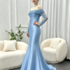 Light Blue Off Shoulder Beaded Sleeve Satin Mermaid Formal Evening Maxi Dress