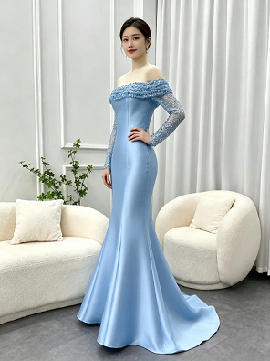 Light Blue Off Shoulder Beaded Sleeve Satin Mermaid Formal Evening Maxi Dress