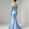 Light Blue Off Shoulder Beaded Sleeve Satin Mermaid Formal Evening Maxi Dress