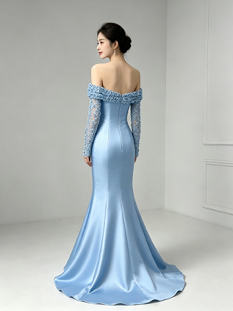 Light Blue Off Shoulder Beaded Sleeve Satin Mermaid Formal Evening Maxi Dress