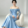 Light Blue Off Shoulder Beaded Sleeve Satin Mermaid Formal Evening Maxi Dress