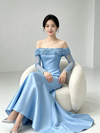 Light Blue Off Shoulder Beaded Sleeve Satin Mermaid Formal Evening Maxi Dress