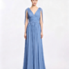 Dusty Blue Deep V Shoulder Sash Chiffon Ruched Formal Bridesmaid Maxi Dress