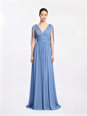 Dusty Blue Deep V Shoulder Sash Chiffon Ruched Formal Bridesmaid Maxi Dress