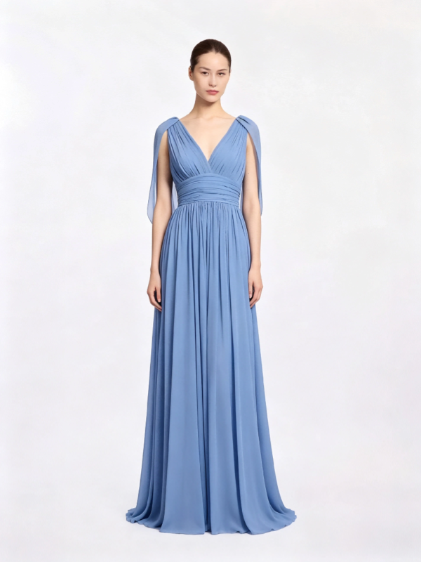 Dusty Blue Deep V Shoulder Sash Chiffon Ruched Formal Bridesmaid Maxi Dress
