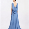 Dusty Blue Deep V Shoulder Sash Chiffon Ruched Formal Bridesmaid Maxi Dress