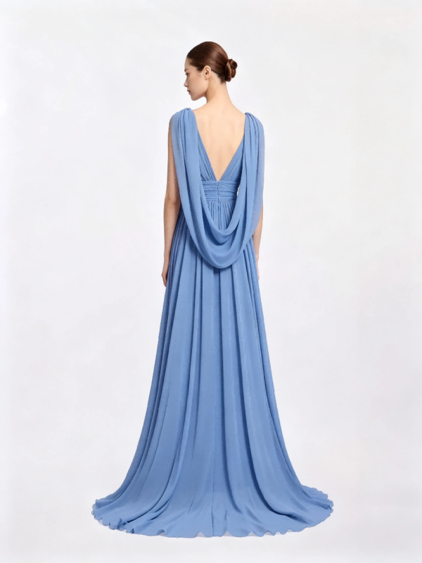 Dusty Blue Deep V Shoulder Sash Chiffon Ruched Formal Bridesmaid Maxi Dress