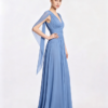 Dusty Blue Deep V Shoulder Sash Chiffon Ruched Formal Bridesmaid Maxi Dress