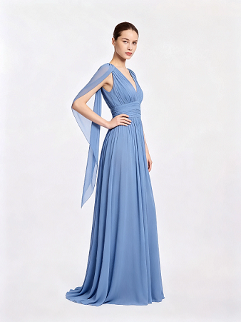 Dusty Blue Deep V Shoulder Sash Chiffon Ruched Formal Bridesmaid Maxi Dress