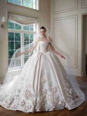 White Off Shoulder 3D Flower Satin Ball Gown Luxury Wedding Dress
