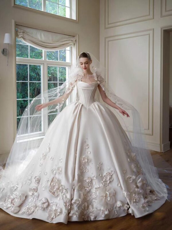 White Off Shoulder 3D Flower Satin Ball Gown Luxury Wedding Dress