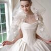 White Off Shoulder 3D Flower Satin Ball Gown Luxury Wedding Dress