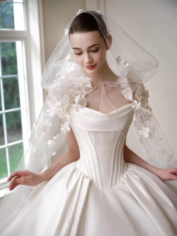 White Off Shoulder 3D Flower Satin Ball Gown Luxury Wedding Dress
