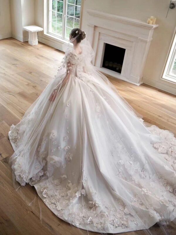 White Off Shoulder 3D Flower Satin Ball Gown Luxury Wedding Dress