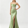Sage Green Spaghetti Strap Beaded Corset High Slit Satin Mermaid Formal Maxi Dress