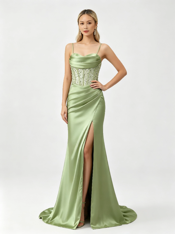 Sage Green Spaghetti Strap Beaded Corset High Slit Satin Mermaid Formal Maxi Dress