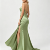 Sage Green Spaghetti Strap Beaded Corset High Slit Satin Mermaid Formal Maxi Dress