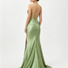 Sage Green Spaghetti Strap Beaded Corset High Slit Satin Mermaid Formal Maxi Dress