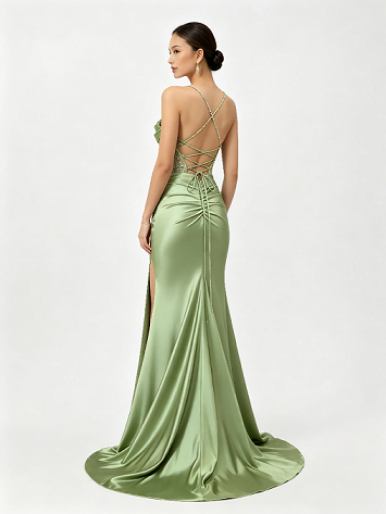 Sage Green Spaghetti Strap Beaded Corset High Slit Satin Mermaid Formal Maxi Dress