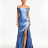 Sky Blue Off Shoulder Ruched High Slit Satin Mermaid Formal Evening Maxi Dress