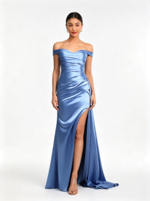 Sky Blue Off Shoulder Ruched High Slit Satin Mermaid Formal Evening Maxi Dress