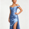 Sky Blue Off Shoulder Ruched High Slit Satin Mermaid Formal Evening Maxi Dress
