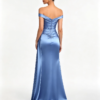 Sky Blue Off Shoulder Ruched High Slit Satin Mermaid Formal Evening Maxi Dress