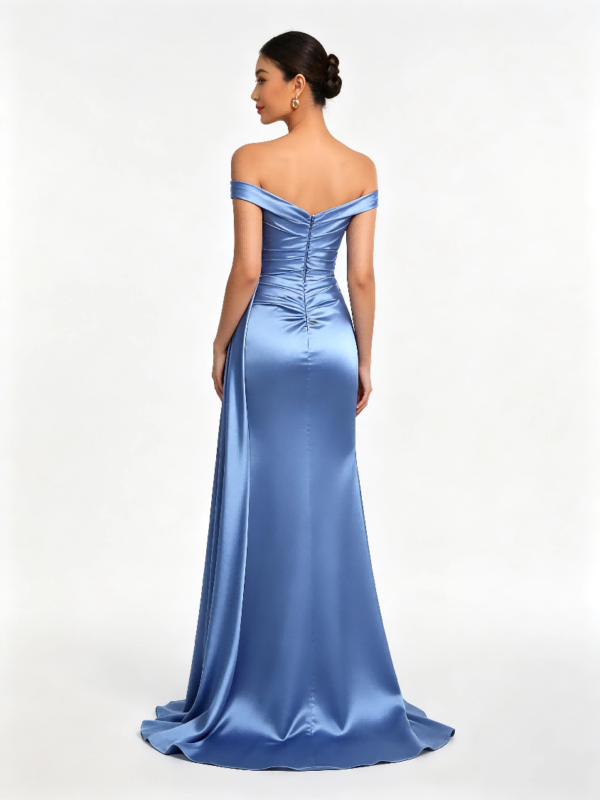 Sky Blue Off Shoulder Ruched High Slit Satin Mermaid Formal Evening Maxi Dress