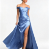 Sky Blue Off Shoulder Ruched High Slit Satin Mermaid Formal Evening Maxi Dress