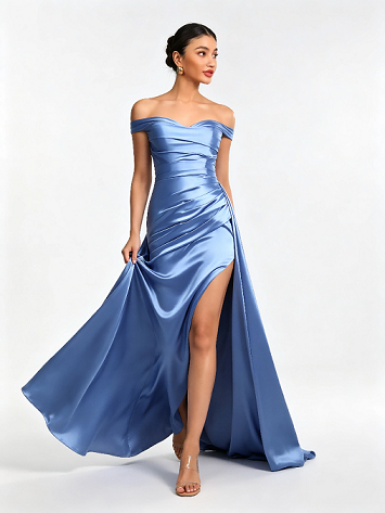 Sky Blue Off Shoulder Ruched High Slit Satin Mermaid Formal Evening Maxi Dress