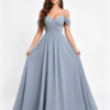 Dusty Blue Off Shoulder V Neck Chiffon A Line Formal Bridesmaid Maxi Dress
