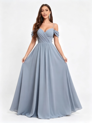 Dusty Blue Off Shoulder V Neck Chiffon A Line Formal Bridesmaid Maxi Dress