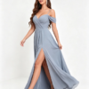Dusty Blue Off Shoulder V Neck Chiffon A Line Formal Bridesmaid Maxi Dress