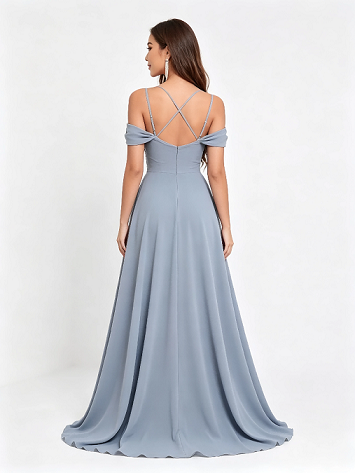 Dusty Blue Off Shoulder V Neck Chiffon A Line Formal Bridesmaid Maxi Dress