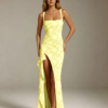 Pale Yellow Floral Square Neck High Slit Ruffle Mermaid Formal Evening Maxi Dress
