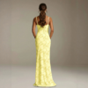 Pale Yellow Floral Square Neck High Slit Ruffle Mermaid Formal Evening Maxi Dress