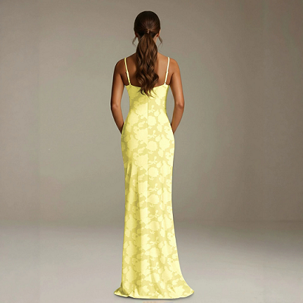 Pale Yellow Floral Square Neck High Slit Ruffle Mermaid Formal Evening Maxi Dress