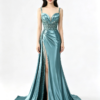 Teal Beaded Lace Spaghetti Strap High Slit Satin Mermaid Formal Evening Maxi Dress