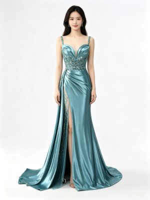 Teal Beaded Lace Spaghetti Strap High Slit Satin Mermaid Formal Evening Maxi Dress
