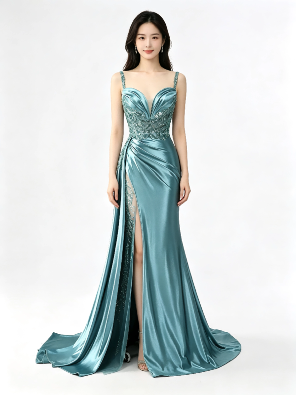 Teal Beaded Lace Spaghetti Strap High Slit Satin Mermaid Formal Evening Maxi Dress