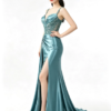 Teal Beaded Lace Spaghetti Strap High Slit Satin Mermaid Formal Evening Maxi Dress