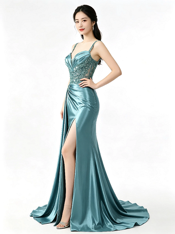 Teal Beaded Lace Spaghetti Strap High Slit Satin Mermaid Formal Evening Maxi Dress