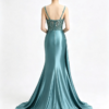 Teal Beaded Lace Spaghetti Strap High Slit Satin Mermaid Formal Evening Maxi Dress