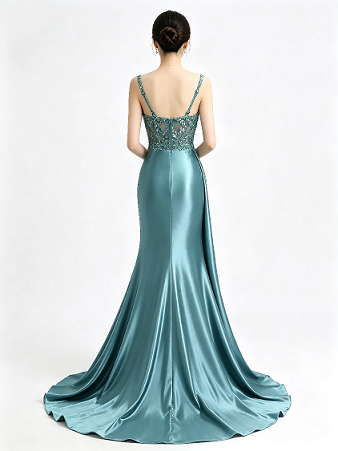 Teal Beaded Lace Spaghetti Strap High Slit Satin Mermaid Formal Evening Maxi Dress