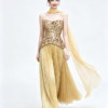 Gold Strapless Sequin Bodice Pleated Maxi Dress With Chiffon Scarf Formal Evening Gown