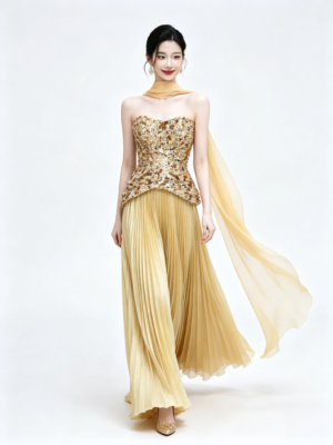 Gold Strapless Sequin Bodice Pleated Maxi Dress With Chiffon Scarf Formal Evening Gown