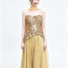 Gold Strapless Sequin Bodice Pleated Maxi Dress With Chiffon Scarf Formal Evening Gown