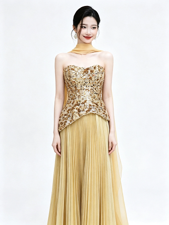 Gold Strapless Sequin Bodice Pleated Maxi Dress With Chiffon Scarf Formal Evening Gown