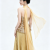Gold Strapless Sequin Bodice Pleated Maxi Dress With Chiffon Scarf Formal Evening Gown